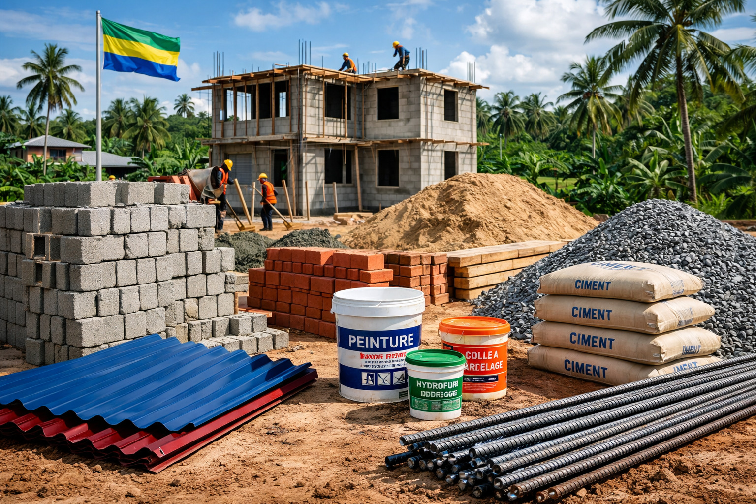 TEMG Matériaux de construction utilisés sur un chantier de maison au Gabon