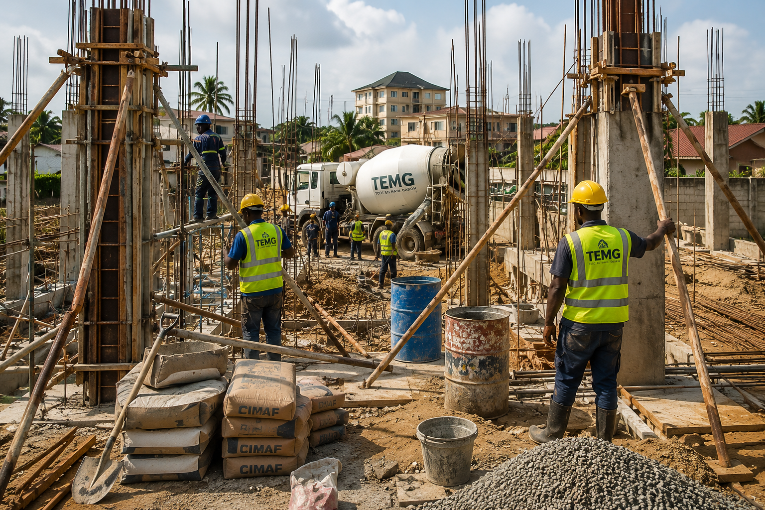 Chantier de construction à Libreville avec matériaux de gros œuvre et équipe BTP au Gabon.