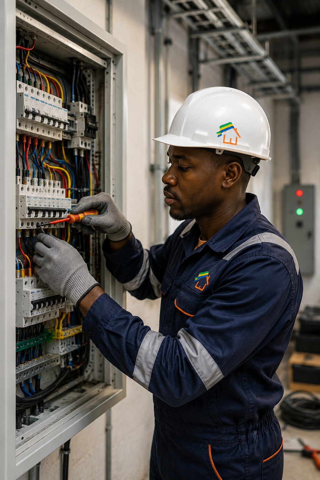 Électricien TEMG réalisant l'installation et le câblage d'un tableau électrique conforme aux normes sur un chantier au Gabon