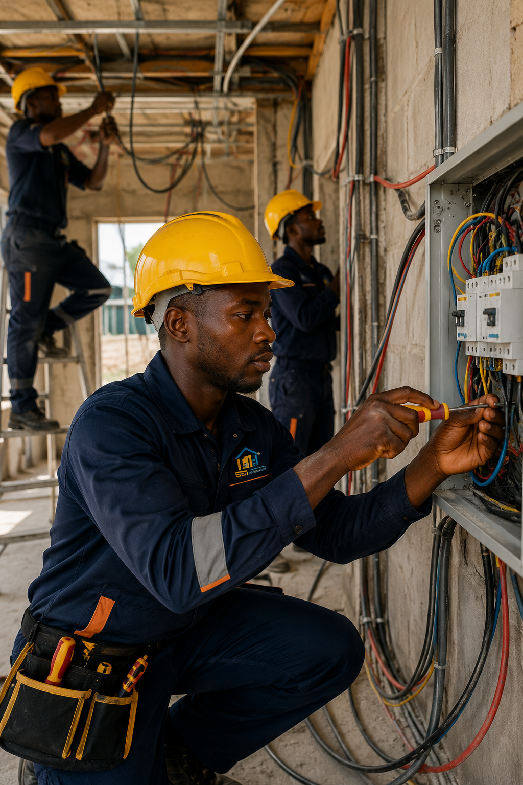 Électriciens africains TEMG réalisant une installation électrique sur un chantier de construction au Gabon