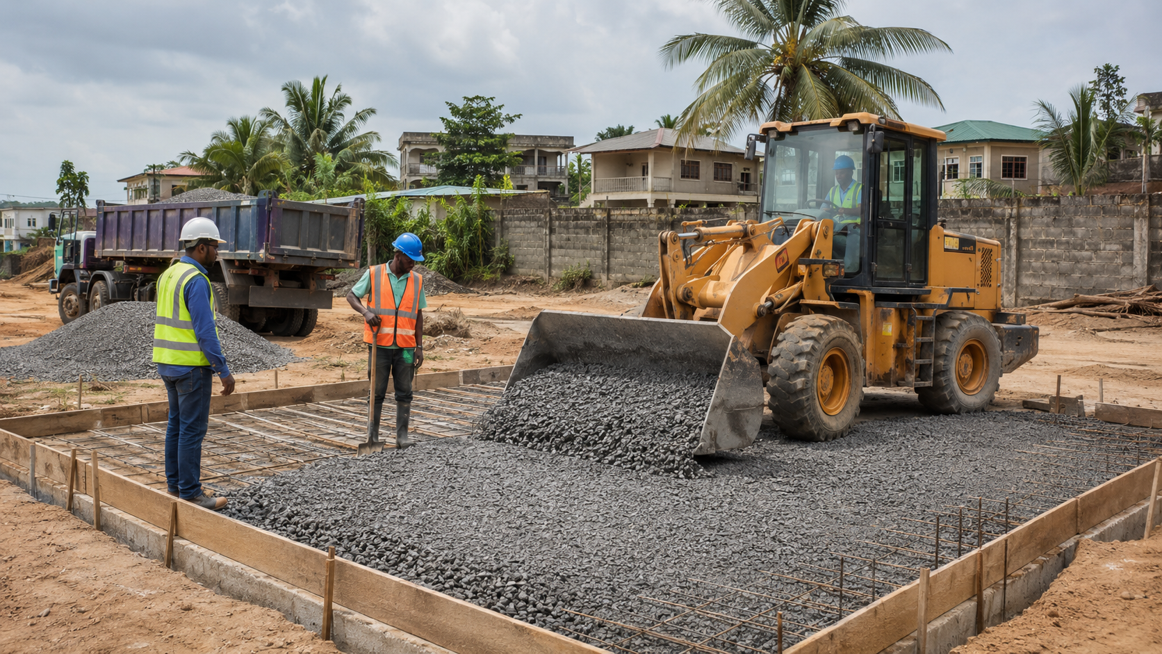 Déchargement du gravier dans Zone périurbaine de Libreville par TEMG