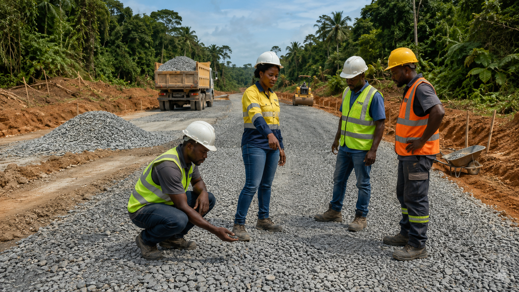 Une équipe de TEMG qui vérifie la qualité du gravier avant son utilisation sur un chantier
