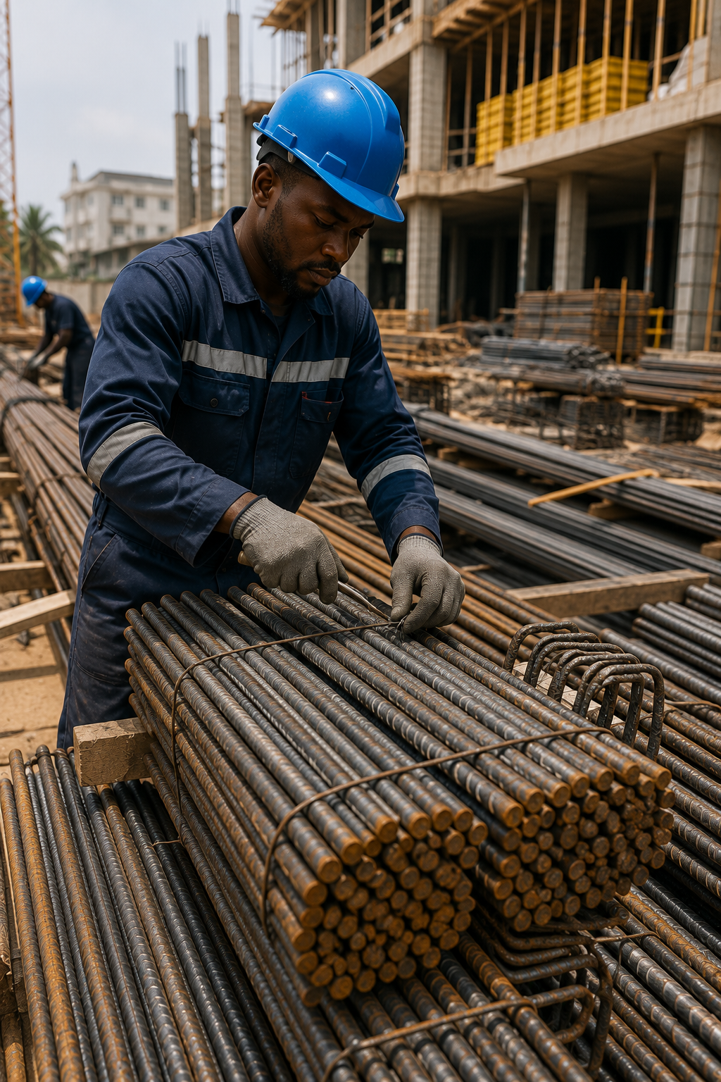 Fer à béton et acier de construction utilisés sur un chantier à Libreville avec TEMG