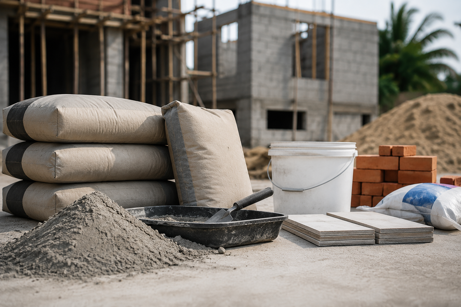 Sacs de ciment, liants et colle à carrelage sur un chantier de construction à Libreville au Gabon, proposés par TEMG pour les projets de gros œuvre et de finition