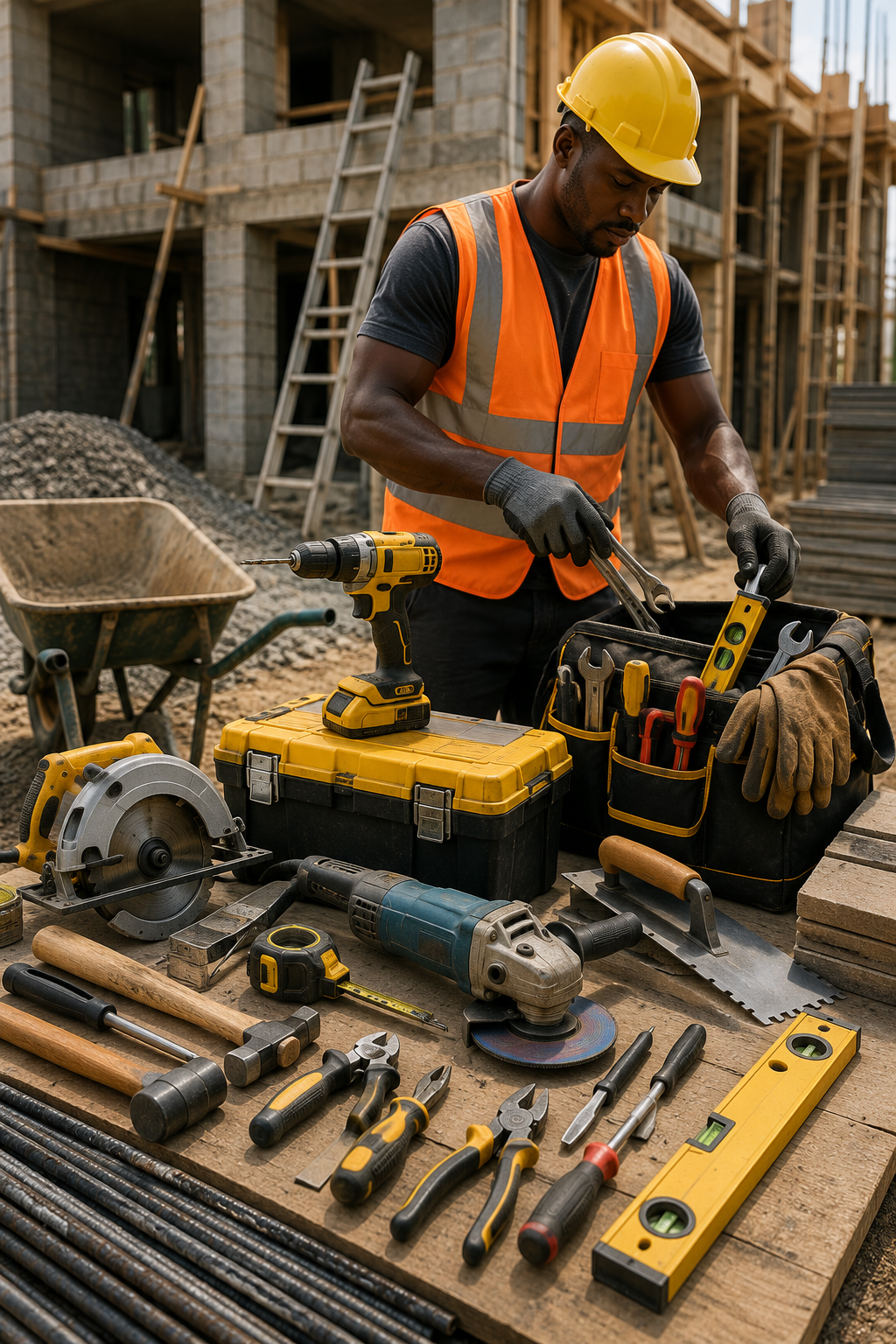 Outils et équipements professionnels de chantier utilisés par un artisan du BTP à Libreville avec TEMG.