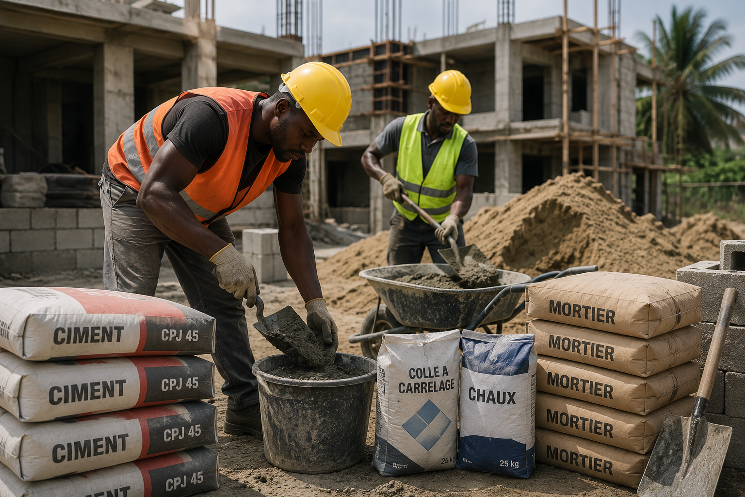 Ouvriers préparant du ciment et des liants sur un chantier de construction à Libreville au Gabon, avec sacs de ciment, mortier et colle à carrelage pour des travaux de gros œuvre proposés par TEMG