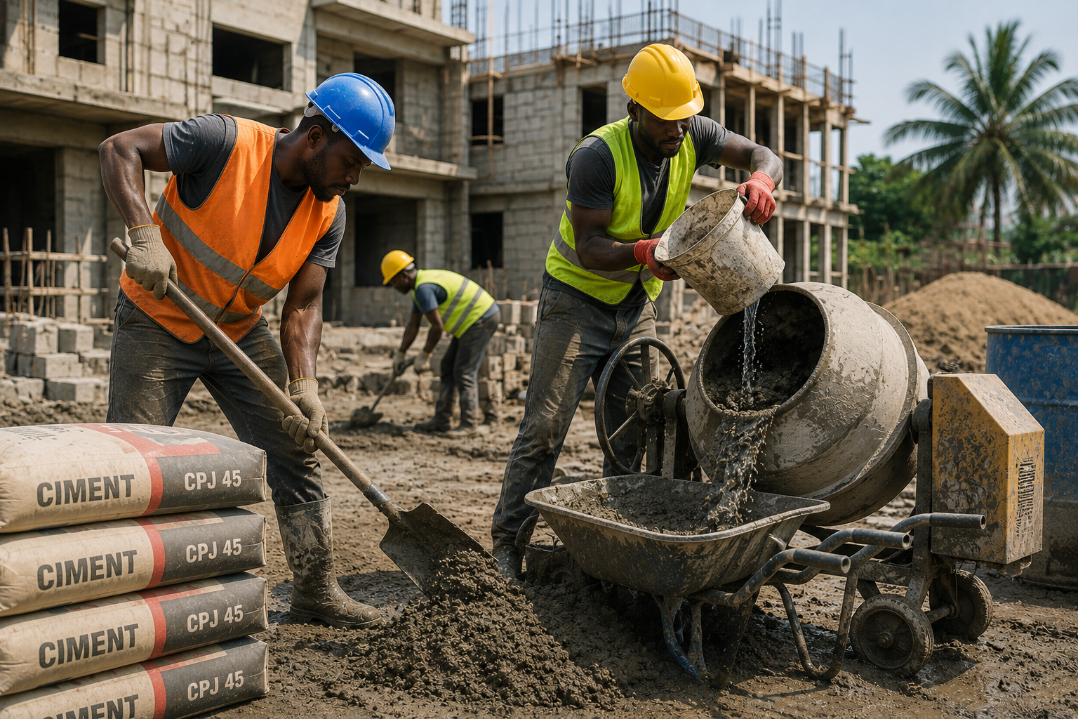 Ouvriers préparant du béton avec une bétonnière sur un chantier de construction à Libreville au Gabon, utilisant du ciment et des matériaux de qualité pour des travaux de gros œuvre proposés par TEMG.
