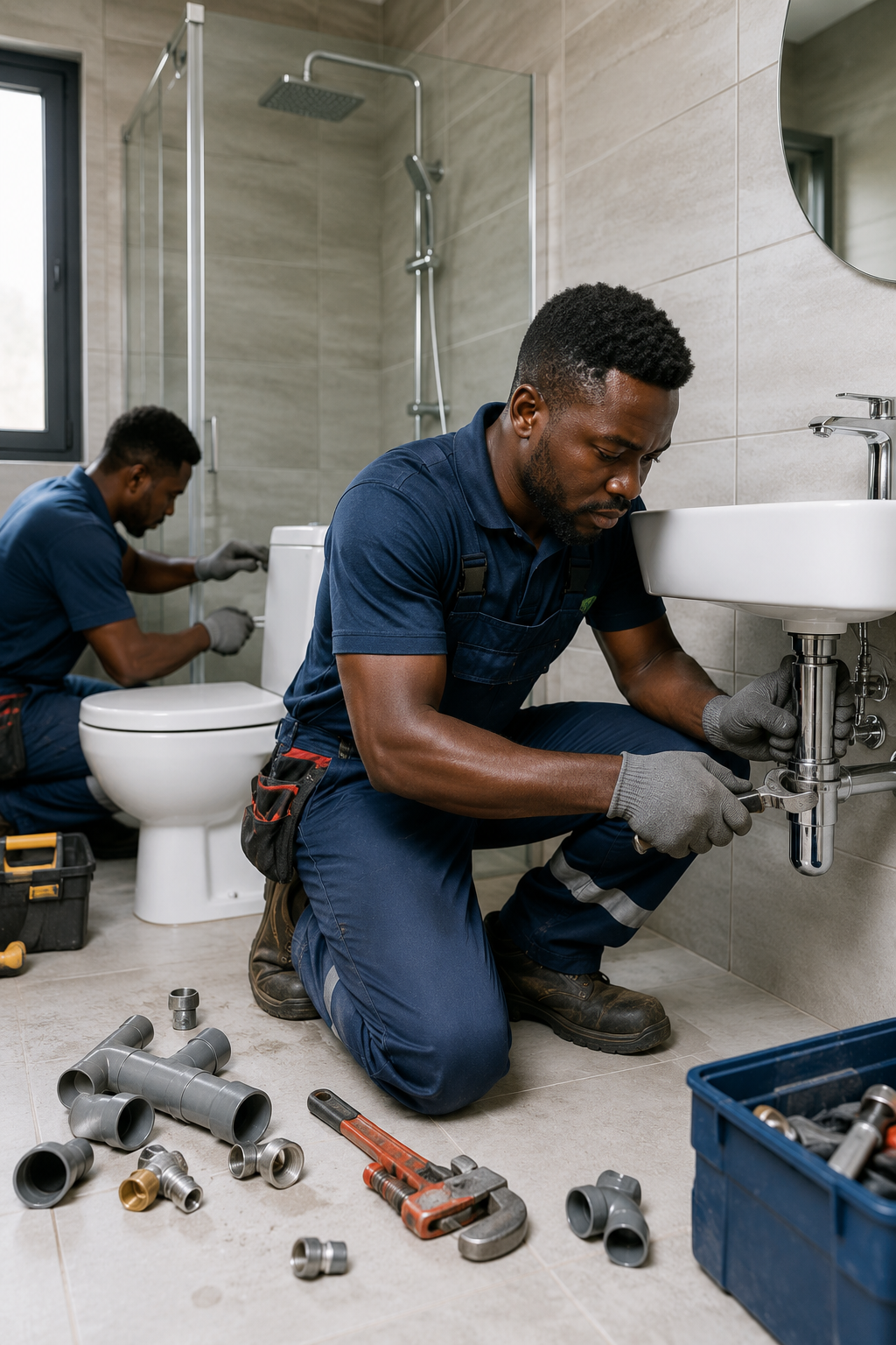 Plombiers professionnels réalisant une installation sanitaire dans une salle de bain à Libreville avec TEMG.