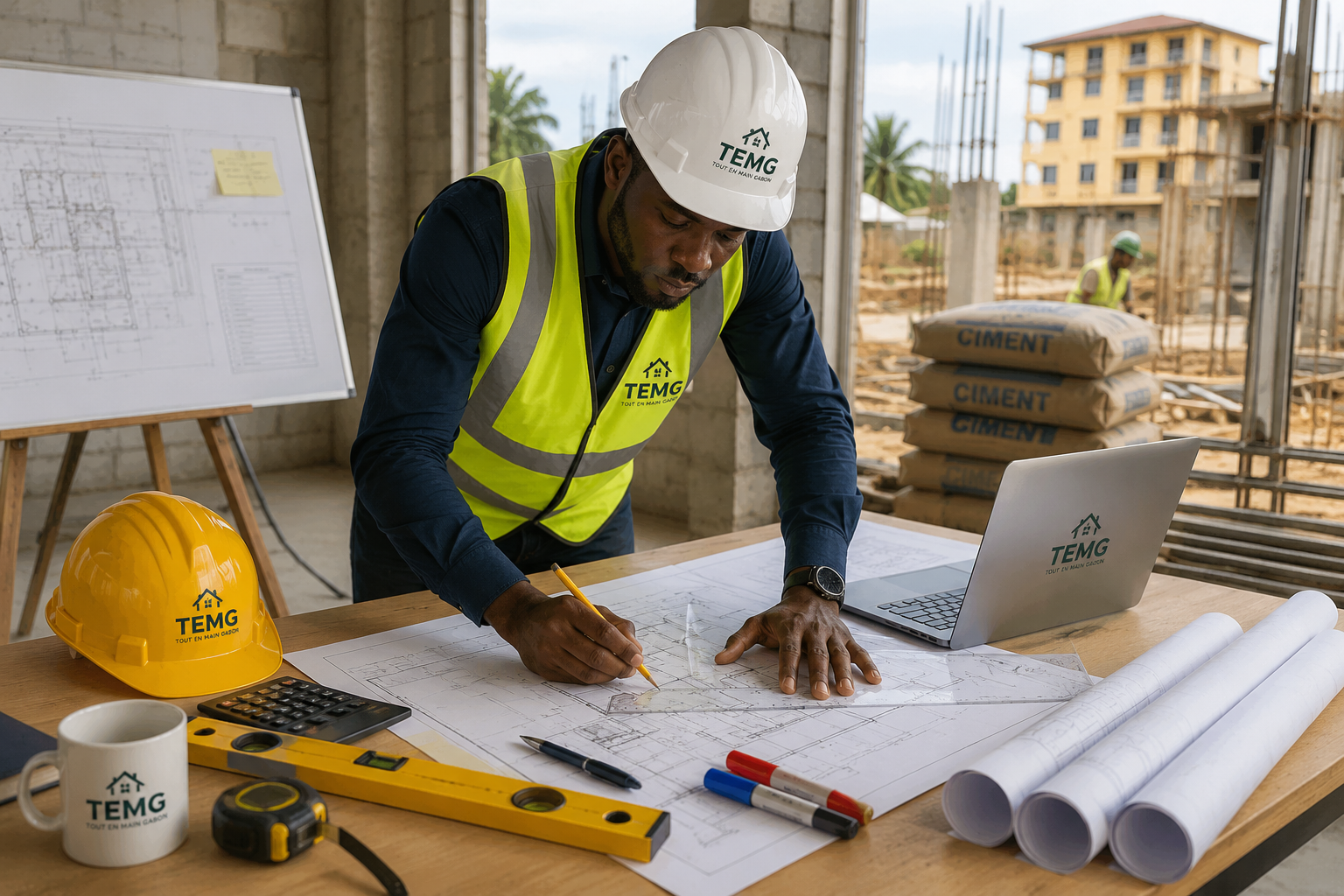 Préparation d'un chantier de construction à Libreville par un professionnel du BTP avec TEMG.