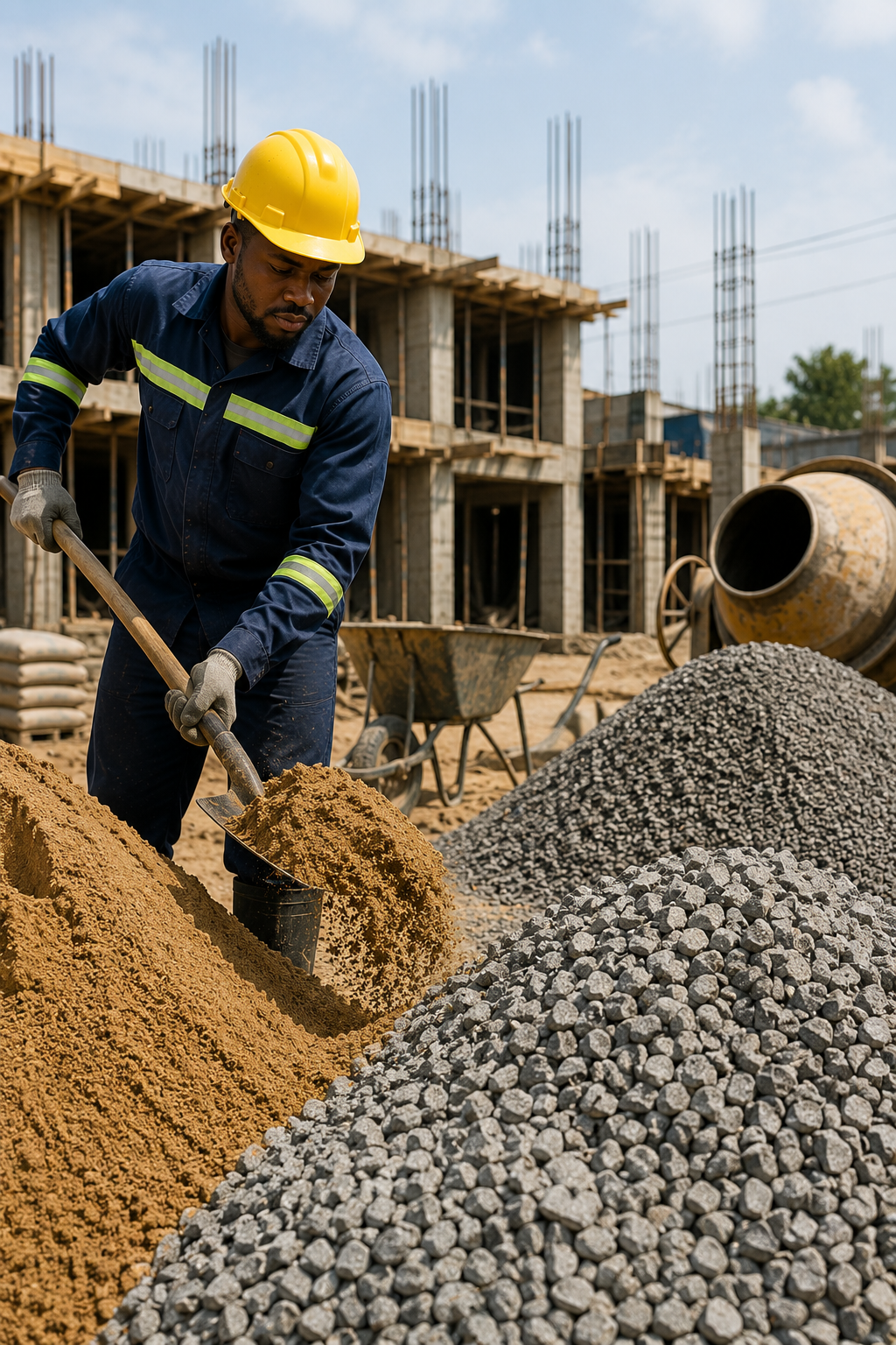 Sable et granulats destinés aux travaux de gros œuvre sur un chantier de construction à Libreville avec TEMG.