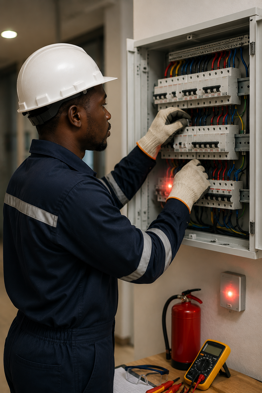 Électricien vérifiant un tableau électrique pour garantir la sécurité d'une installation résidentielle à Libreville avec TEMG.