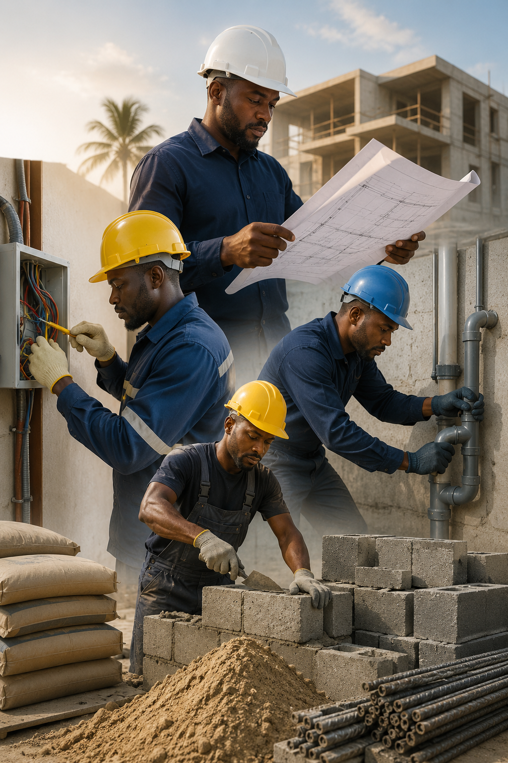 Professionnels du BTP intervenant sur un chantier de construction à Libreville avec les services TEMG.