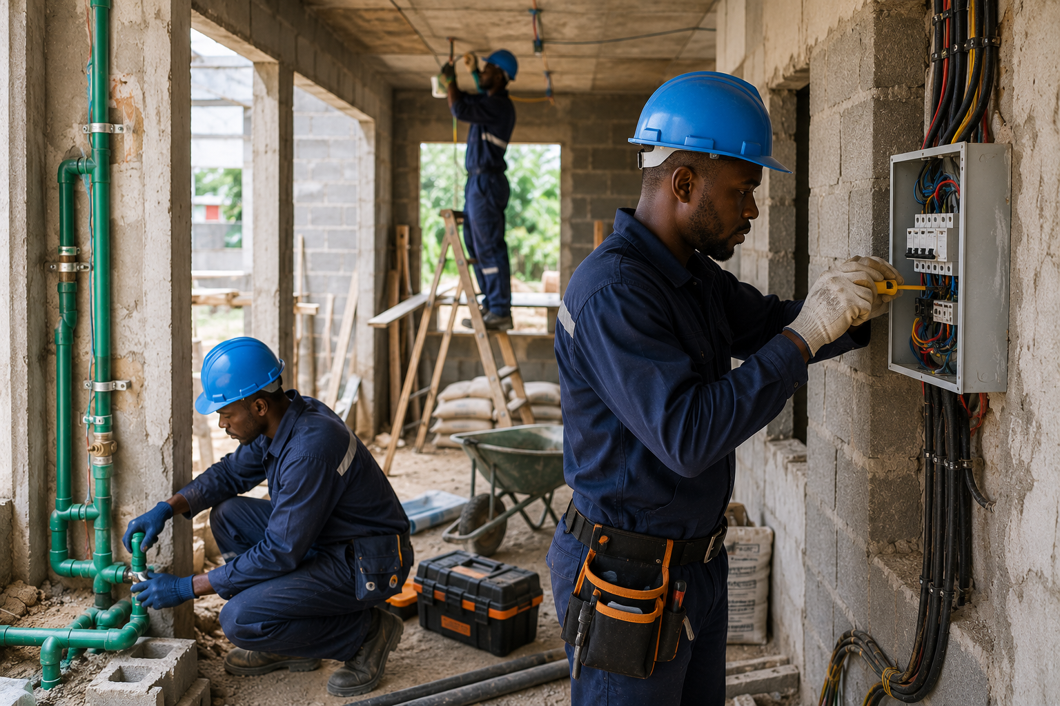 Travaux d'installation électrique dans un bâtiment en construction par les électriciens qualifiés de TEMG au Gabon
