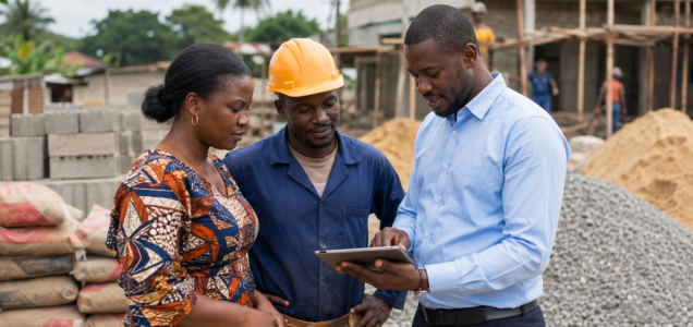 Client, artisan et représentant TEMG consultant une tablette sur un chantier à Libreville, illustrant les évolutions apportées par la plateforme au Gabon.