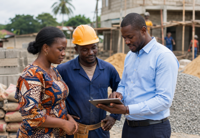 Client, artisan et représentant TEMG consultant une tablette sur un chantier à Libreville, illustrant les évolutions apportées par la plateforme au Gabon.
