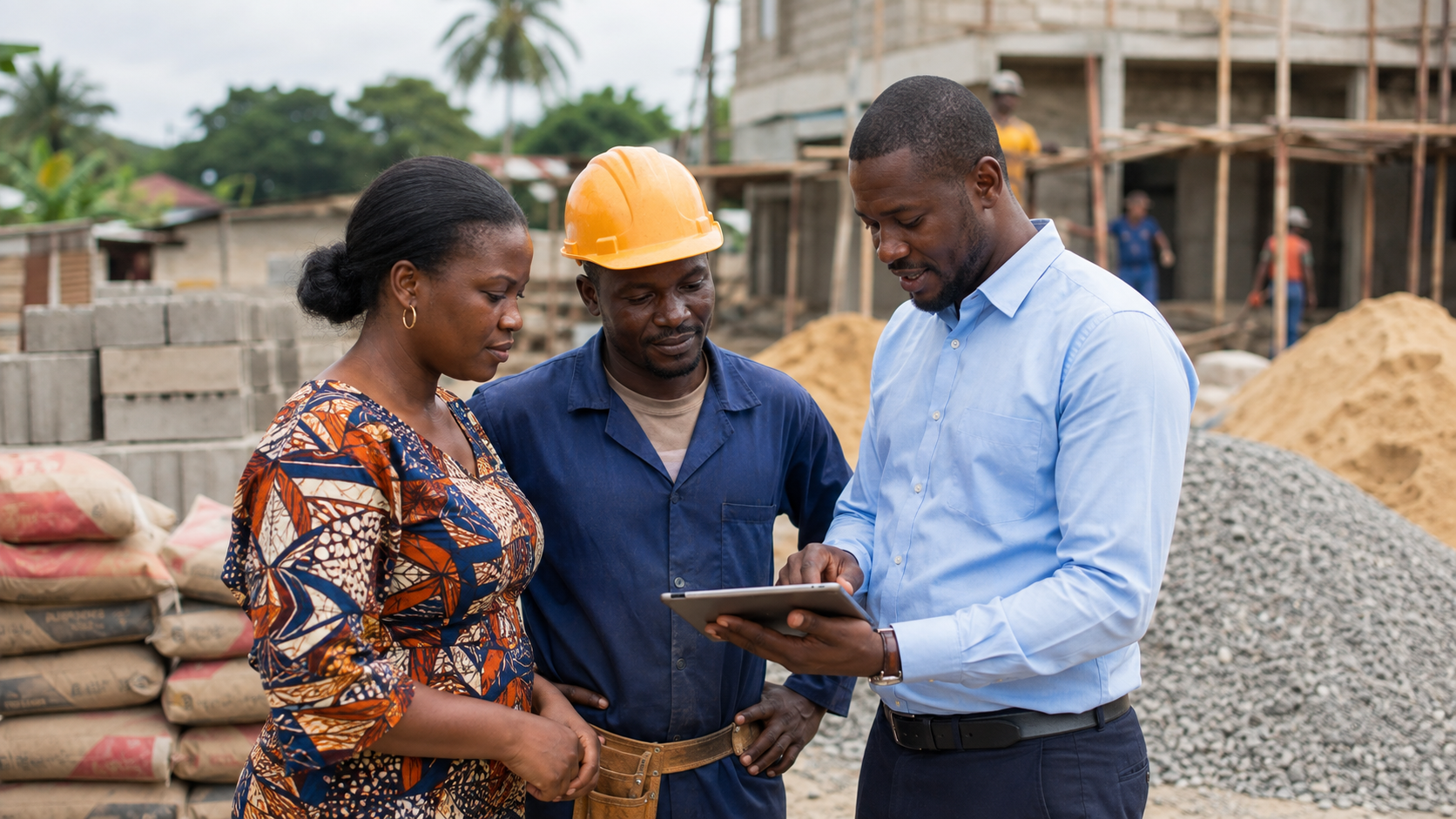 Client, artisan et représentant TEMG consultant une tablette sur un chantier à Libreville, illustrant les évolutions apportées par la plateforme au Gabon.
