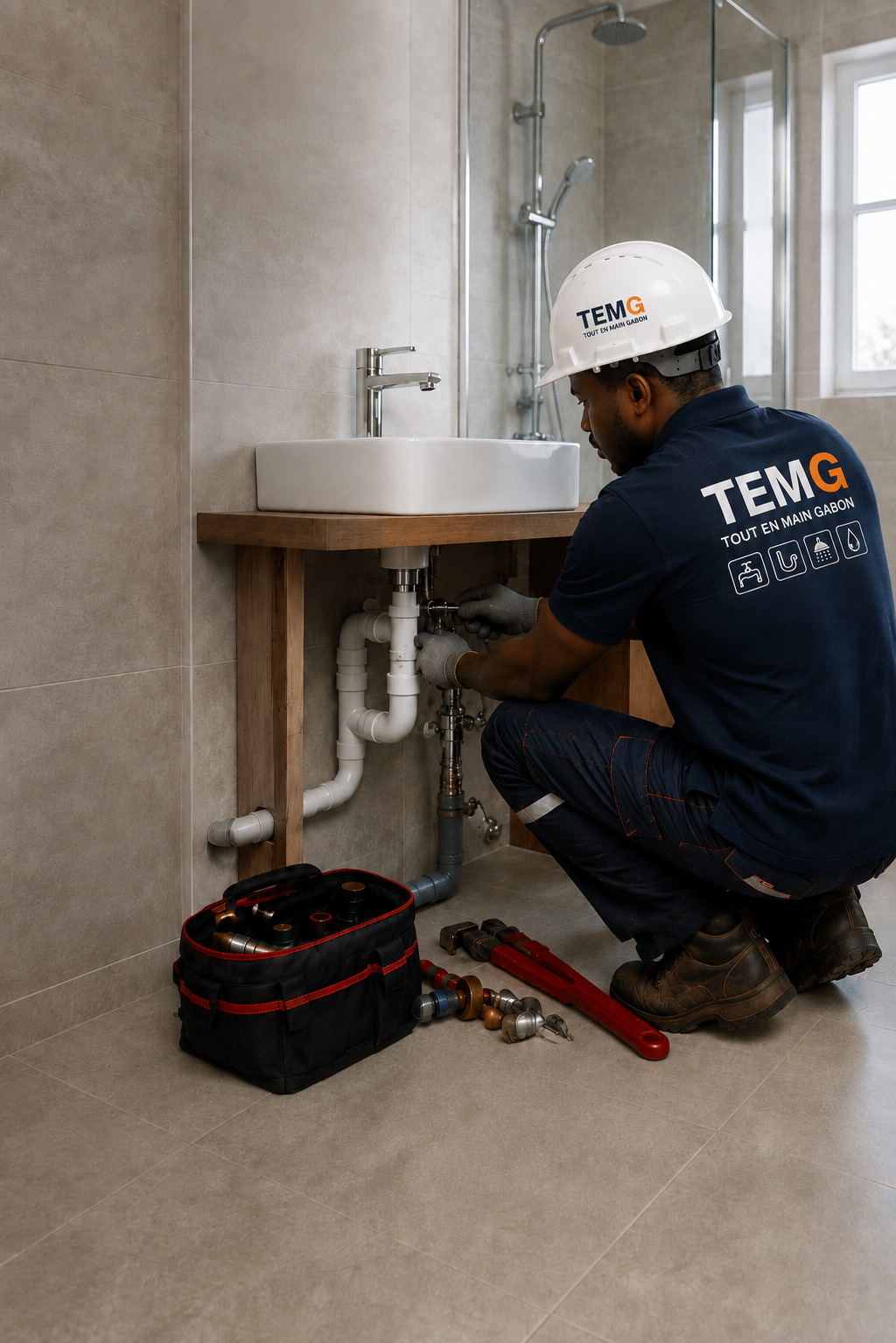 Plombier TEMG intervenant sur une installation sanitaire sous lavabo à Libreville au Gabon