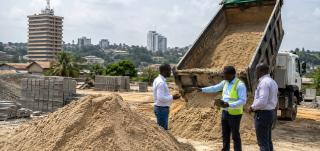 Camion déchargeant du sable sur un chantier à Libreville pendant qu’une équipe échange sur la livraison et le prix du sable.