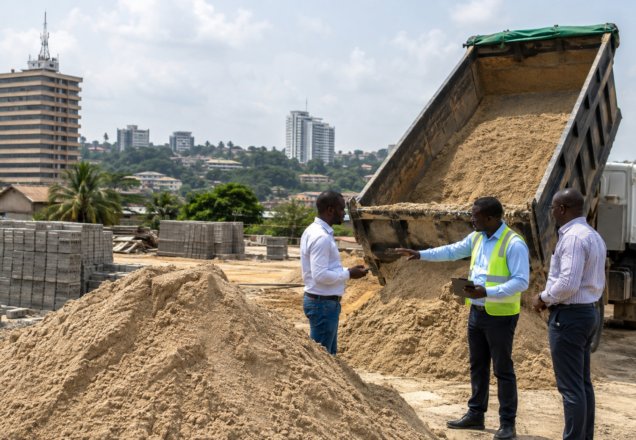 Camion déchargeant du sable sur un chantier à Libreville pendant qu’une équipe échange sur la livraison et le prix du sable.