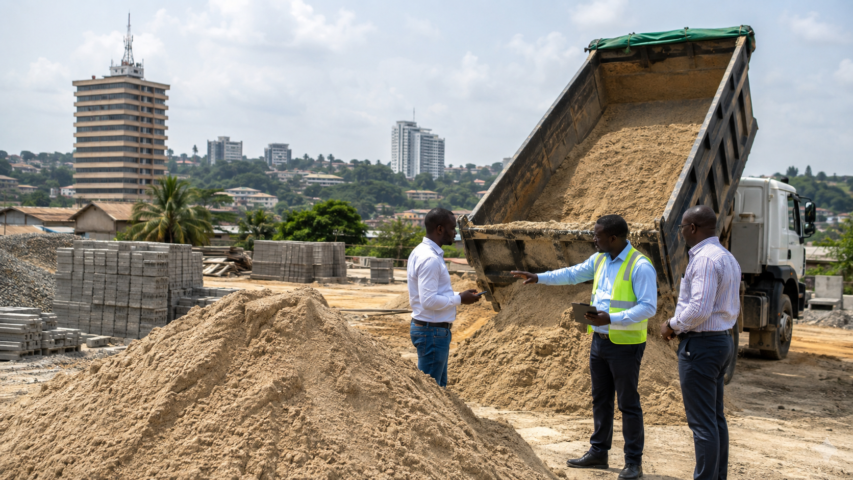 Camion déchargeant du sable sur un chantier à Libreville pendant qu’une équipe échange sur la livraison et le prix du sable.